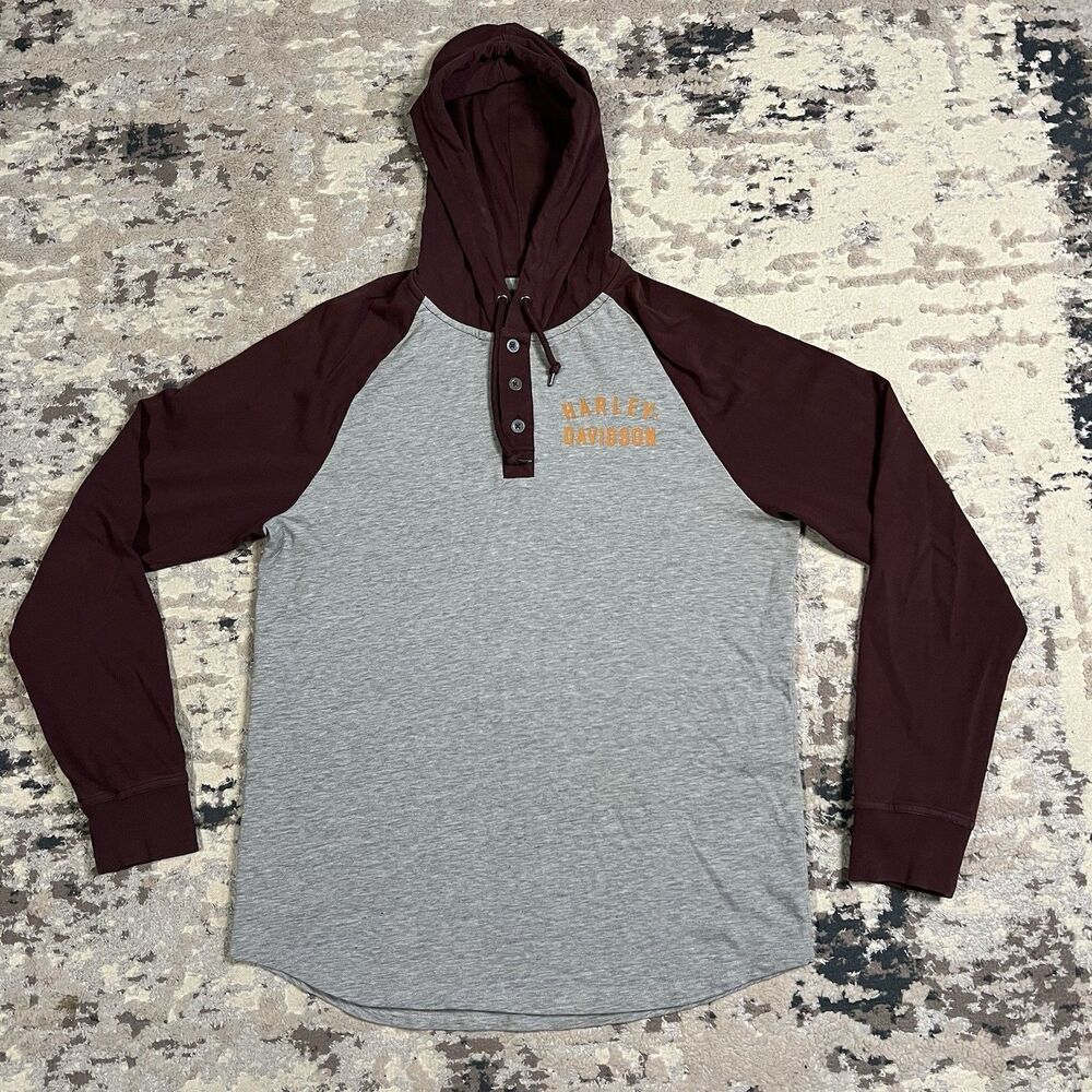 HARLEY DAVIDSON Gray Burgundy Lightweight Long Sleeve Hoodie Men's Size M Biker